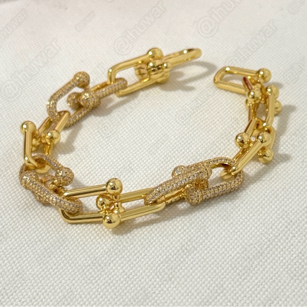 Gold Hardware Graduated 14K Gold Plated CZ Link Chain U Link luxury bracelet - Picture 2 of 6